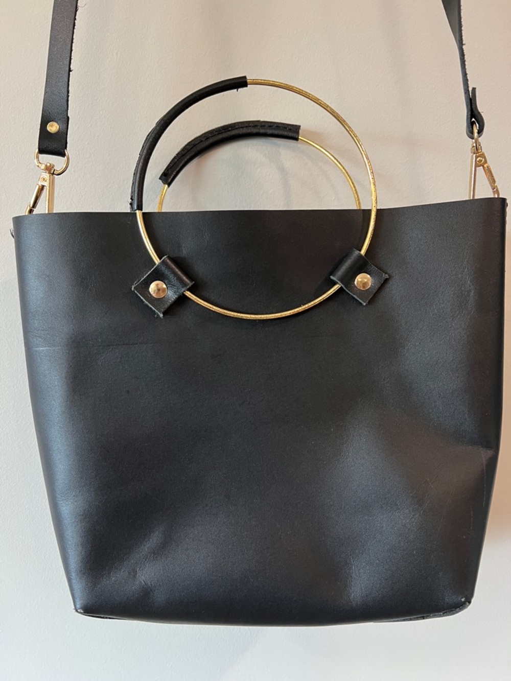 Tribe Alive - Black Leather Top-Handle Bucket Bag, Gold Ring Accent